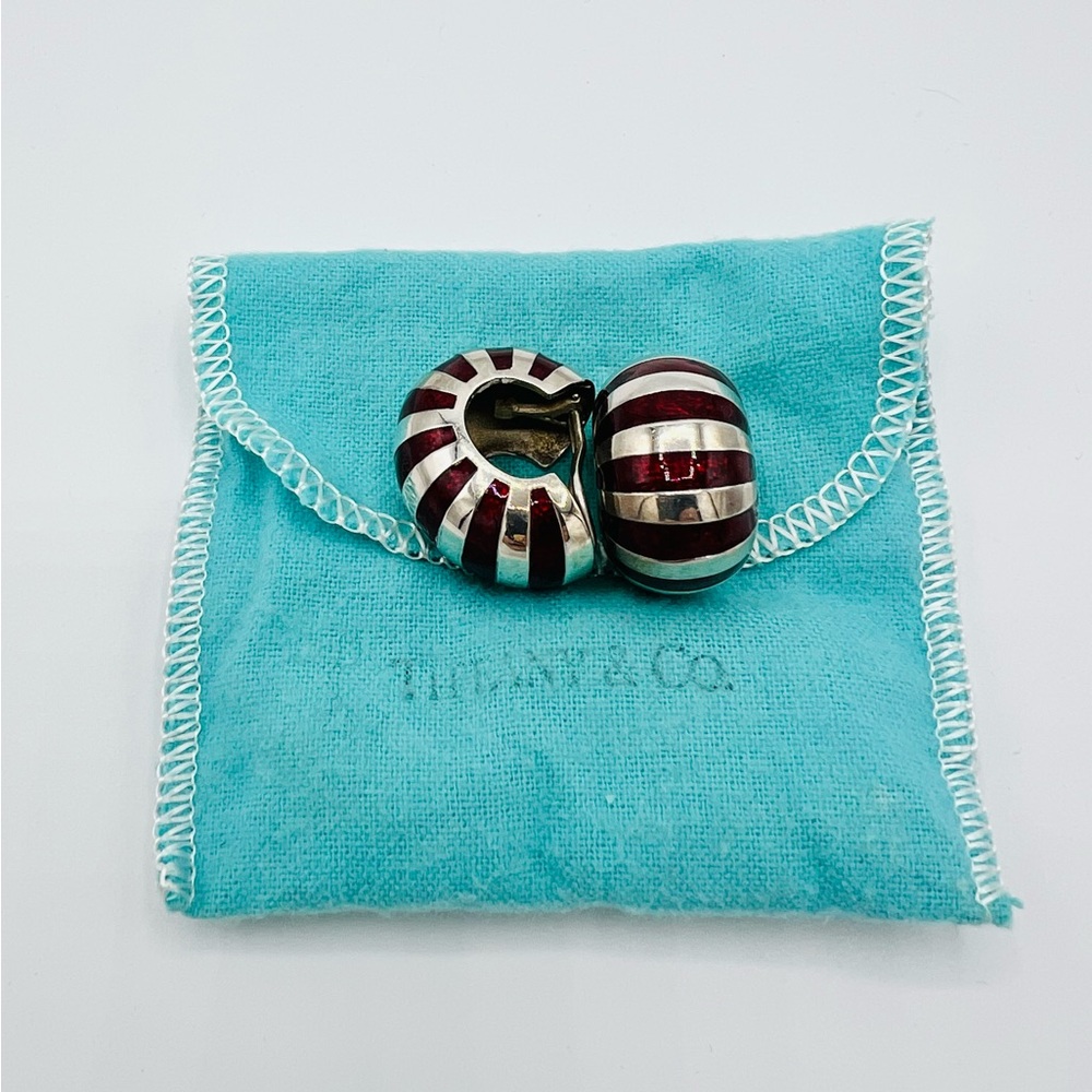 Tiffany & Co. Sterling Silver Red Enamel Shrimp Shell Clip Earrings.